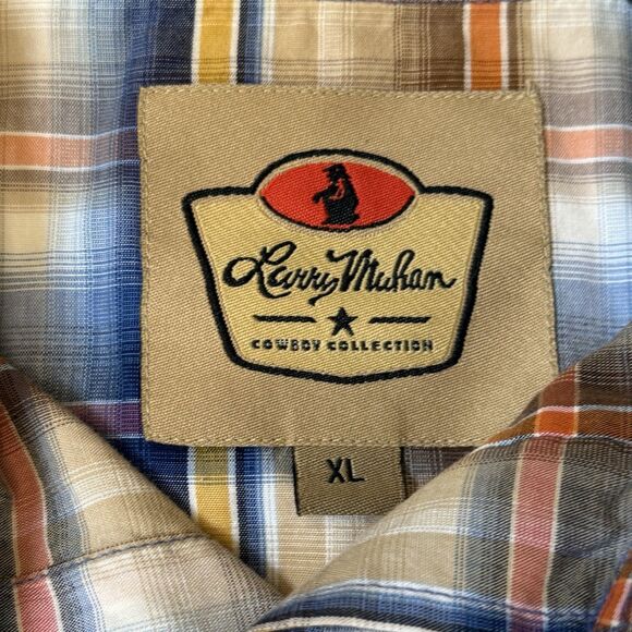 LARRY MAHAN Men's XL Plaid L/S Square Pearl Snap Western Cowboy Blue/Brown - Picture 4 of 9